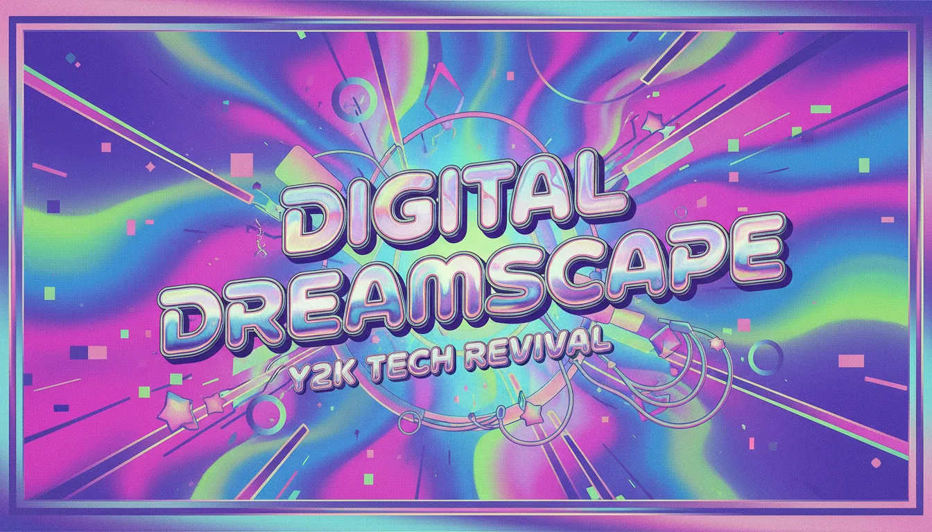 Un poster elegante che mostra un'Estetica Y2K con testo cromato iridescente, uno sfondo con gradiente futuristico e pattern tecnologici astratti.