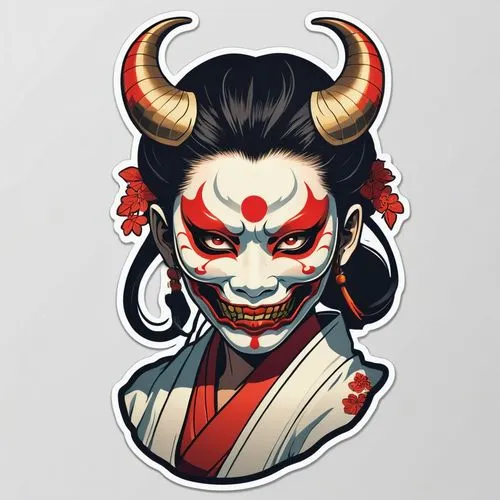 a 2d Illustration sticker of a traditional japanese demon women with a mask covering, Light Pure background, (Vector Art Sticker:1.3, professional vector design, Sticker design),geisha,geisha girl,dar