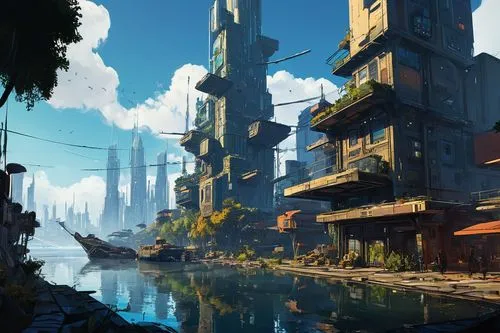  Game Scene, Wild angle view  Game Scene, Wild angle view a beautiful utopia  futuristic city, on the lake shore, modern  buildings,there is a city with tall buildings in the water,harbor,fantasy city