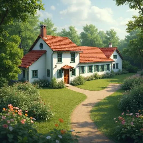 Middle school building, vernacular architecture style, 2-story structure, red-tiled roof, white walls, green windows, wooden doors, sprawling campus, lush greenery surroundings, vibrant flowers, windi