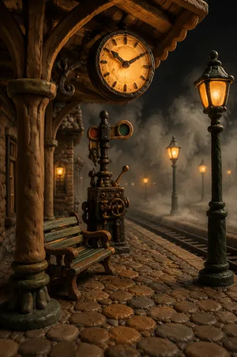 Claymation-style illustration in the Aardman tradition, framed with a foreground-framed dynamic angle, depicting a foggy night train station. A charmingly lumpy plasticine wooden canopy supports a han