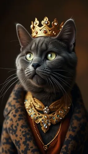 highend portrait of a sokoke cat, high fashion Style, stylish clothes and luxury necklace of jeweleries, wearing a crown, background: luxury, hyper detailled, stil: raw, cinematic light, canon, expres