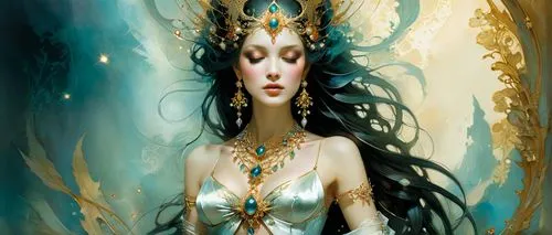 a goddess with magic powers, illustration, rich details, layered jewels ,priestess,the enchantress,fantasy art,sorceress,dryad,blue enchantress,fantasy portrait,merfolk,amano,faerie,fantasy woman,fair
