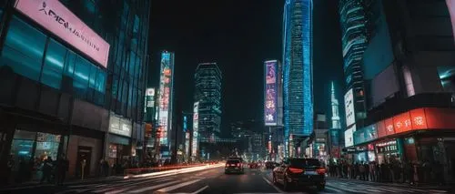 G70 architecture, futuristic skyscraper, sleek lines, metallic materials, reflective glass, LED lights, neon accents, urban cityscape, nighttime, Tokyo streets, busy intersection, blurred car lights, 