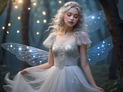 Fantasy magical girl, sparkling blue eyes, long curly silver hair, glittering eye shadow, rosy cheeks, slender figure, delicate fingers, flowy white dress with layered tulle, intricate lace details, s