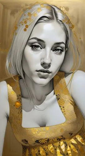 an illustration of a woman with a gold dress on,gold paint stroke,gold foil art,3d art,glass painting,pop art effect,spearritt,marble painting,gold paint strokes,gold leaf,cool pop art,paper art,bodyp