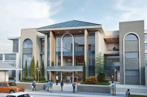 a large, modern building that has people walking out of it,holy spirit hospital,3d rendering,addenbrooke,new housing development,new building,uoit,biotechnology research institute,new city hall,render