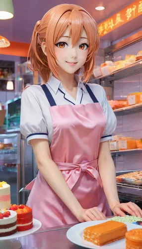 By Yves Di, a beautiful androgynous, satin slip dress, beautiful face, beautiful legs, light orange eyes, very happy face, full body, colorful colors, detailed background beautiful, cake shop, kitchen