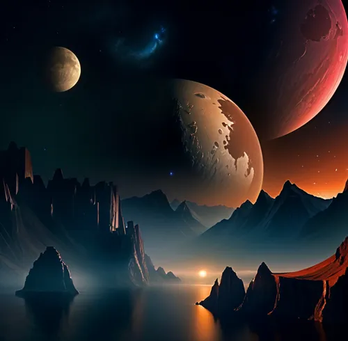 two mountains in the sky at night with one planet on the other,moon and star background,beautiful wallpaper,3d background,samsung wallpaper,ramadan background,purnima