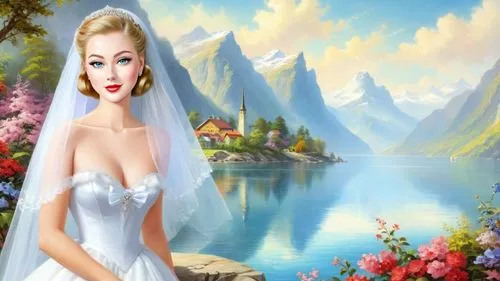 Romantic masterpiece oil painting, 1950's kitsch style, Norway fjord riviera, bridal veil, high res, by Thomas Kinkade, by Bob Ross,a painting shows a bride posing by the lake,the bride,landscape back