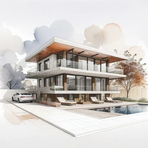 Modern two-story villa with pool and car