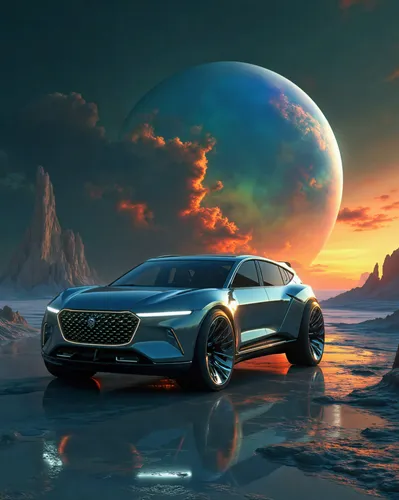 a futuristic car on the beach and a big sky,futuristic landscape,futuristic car,concept car,moon car,car wallpapers,futuristic,extant,titan,runabout,alien planet,fantasy picture,futurist,polestar,spac