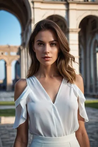 A beautiful girl of 28 years old in a very nice outfit is standing straight in front of a beautiful building, with a car in the background, looking straight into the frame during a summer day, cinemat