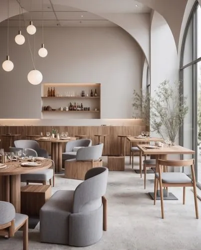 Interior design, Restaurant,an open dining area with multiple chairs and wooden tables,vitra,danish furniture,arzak,anastassiades,telleria,minotti,Photography,General,Natural