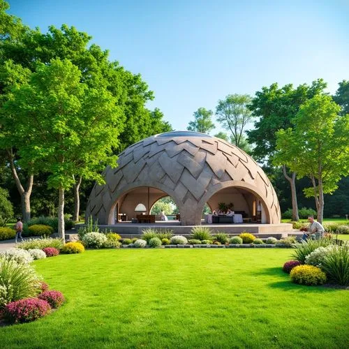 1. Forma general del domo:

Estructura semi ovalada con textura entrelazada en patrón de trenzado, hecha de concreto tipo concreto impreso en 3D. 100 mts2. máx. 10 metros de altura

El entorno es un p