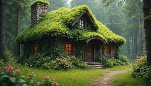 Old Green apple house in forest, flowers are blooming,  pine-tree,  planty house style,a cottage in the woods with plants on the roof and bushes growing all around it,house in the forest,little house,
