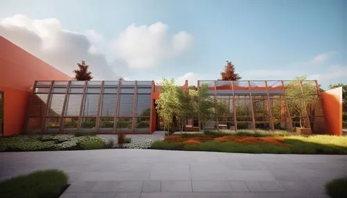 an architectural rendering of a building with many windows and plants in the foreground,school design,render,biotechnology research institute,glasshouse,greenhouse,chancellery,new building,orangery,re