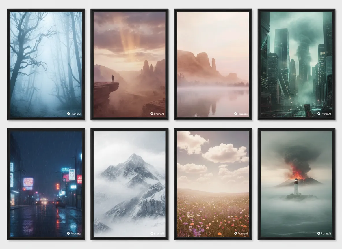 विभिन्न वायुमंडलीय प्रभावों वाले पोस्टरों की एक गैलरी, जिसमें धुंधले जंगलों से लेकर धुंधले सूर्यास्त तक, सभी PromeAI से बनाए गए हैं।
