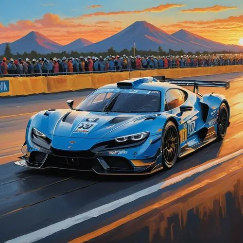 A majestic oil painting of a high-performance sports vehicle in a rally, featuring a vibrant blue and black sports car alongside a row of vehicles on the track. The vehicle's aerodynamic design is out