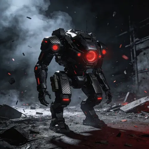 A grim dark, evil robot from the future, modern tactical aesthetic with matte black plating and glowing red sensors. Gritty cinematic style, high-contrast shadows, neon-drenched highlights in a desola