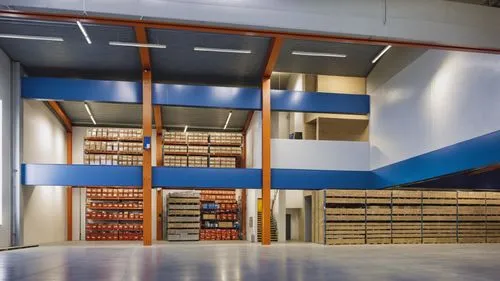 “Vista interior de una bodega industrial moderna, caracterizada por amplios espacios abiertos, estructuras metálicas en color negro y columnas de madera que soportan entrepisos. Las paredes en tonos g
