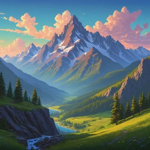Create a landscape with mountains and a sky in pixil art.,a picture with some clouds and mountains in the background,mountain scene,mountain landscape,landscape background,mountains,mountainous landsc