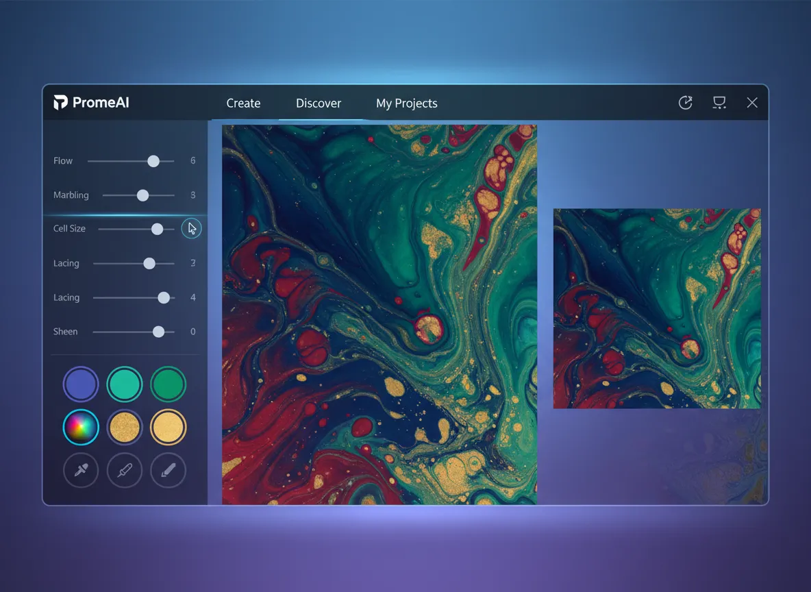 PromeAI की एक इंटरफ़ेस स्क्रीन, जिसमें एक फ्लूइड ऐक्रेलिक्स डिज़ाइन को रीयल-टाइम में एडजस्ट करने के लिए उपयोग किए जा रहे स्लाइडर्स और कलर पिकर्स दिखाए गए हैं।