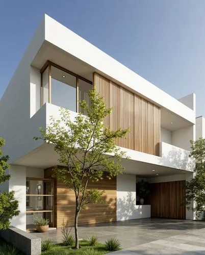 A contemporary house with clean lines and a minimalist design. The facade features smooth concrete with vertical wooden slats, large windows, and a small, curated garden. The driveway has concrete sla