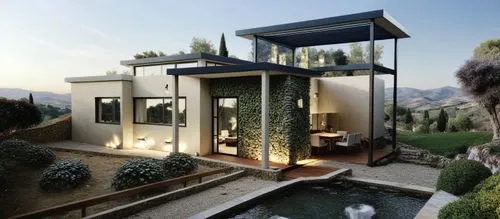 modern house with fountain in the middle of yard,domicile,prefab,cubic house,beautiful home,modern house,smart house