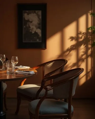 Create an image of a cozy restaurant interior during the golden hour, emphasizing a warm and inviting atmosphere. The color palette should consist of rich browns, soft amber tones and deep shadows, cr
