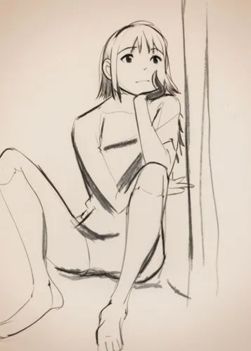 A minimalist anime-style character with realistic human proportions. The character has a boyish, medium-length haircut, cat ears, an upturned nose, and a round face. The drawing is an unfinished, roug