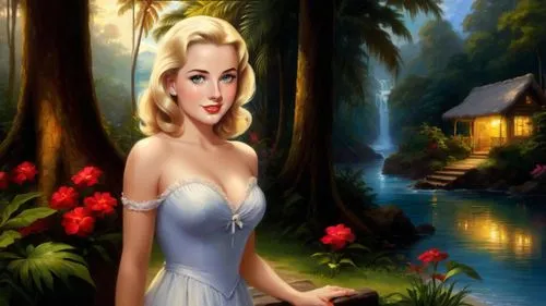 Romantic masterpiece oil painting, cute girl portrait, nostalgic 1950's style kitsch, vibrant rainforest landscape, lush tropical jungle paradise, summer beach vacation seaside cottage scenery, by Tho