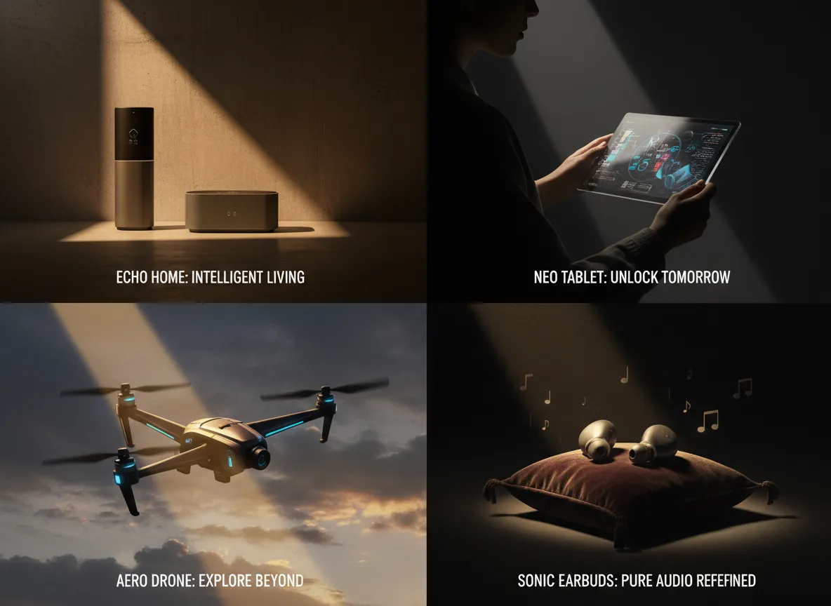 新しいテクノロジー製品のための4つの異なるポスターコンセプトのグリッド。すべてが一貫したレンブラント・ライティングスタイルでレンダリングされており、キャンペーンの多様性を示している。