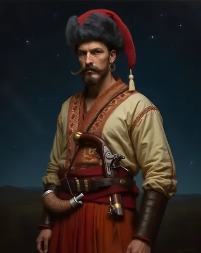 Historical portrait in the style of Vladislav Yerko, Ilya Repin, Sergei Vasilkovsky, Konstantin Makovsky, Frants Roubaud, depicts a Ukrainian Zaporozhian Cossack ataman standing confidently against a 