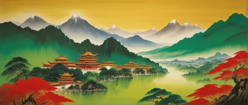 huge brushstroke ancient painting, poetic, Sichuan, China, close-up, gradient, golden buildings, matte red background, green trees and green mountains dotting the paradise,mountain scene,chinese art,m
