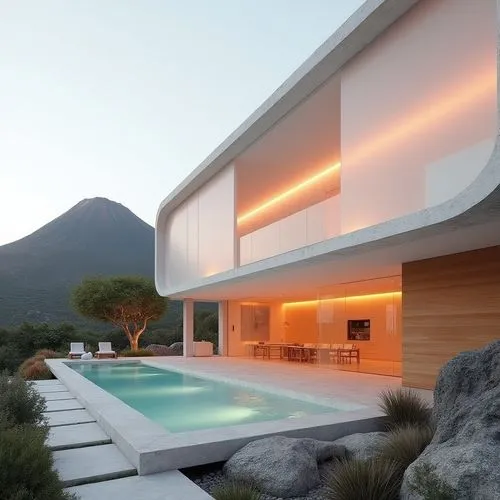,a modern house with a pool surrounded by rocks,modern house,house in the mountains,modern architecture,house in mountains,dunes house,dreamhouse,siza,beautiful home,pool house,futuristic architectur