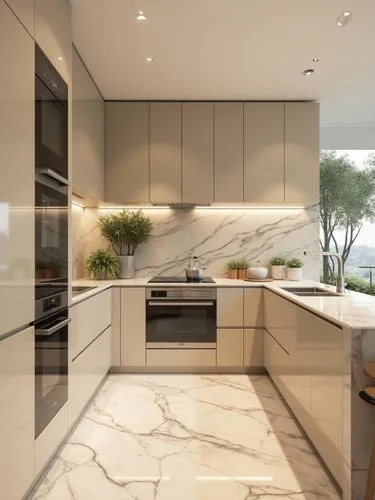 Contemporary kitchen with a luxurious design, featuring sleek beige high-gloss cabinets and a polished marble backsplash with flowing natural patterns. The floor is made of glossy marble with matching