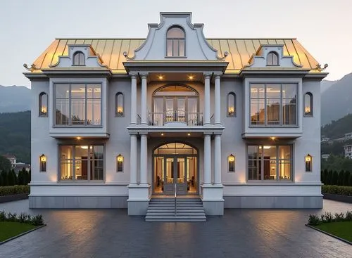 Photorealistic architectural visualization of a luxury 2-story square-shaped residental building. First floor height 5m with tall arched windows, second floor height 5m. Classical architectural style