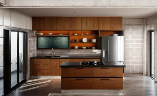 concrete tile block,modern kitchen interior,kitchen design,modern kitchen,modern minimalist kitchen,kitchen interior,3d rendering,dark cabinets,dark cabinetry,interior modern design,render,kitchen rem