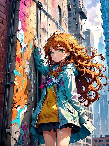 (vibrant colored image of Anime, body showering anime, very long Untamed wild curly hair, art by Bansky splash Graffiti style) on very huge old torn ripped broken wall of skyscraper in modern cityscap