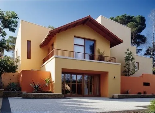 VEGETACION, FOLLAJE, FORMIOS,a yellow and orange modern house on the corner of a street,fresnaye,casita,modern house,dunes house,exterior decoration,casabella,residential house,villas,barossa,contempo
