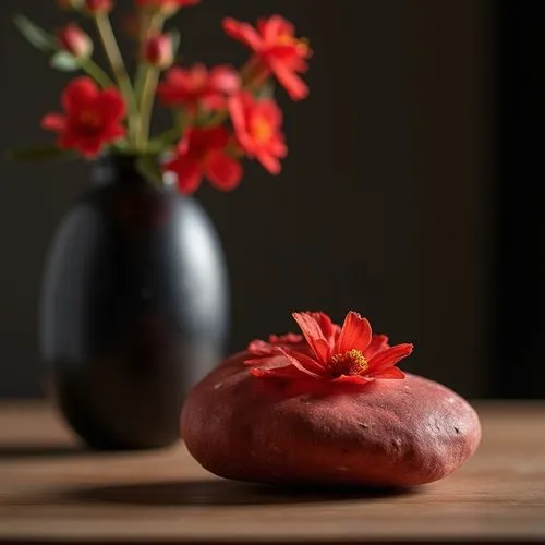 exclusive red chalk stone elegant decoration on table,delicate red flower in black vase
,a black vase containing red flowers sits in front of a stone,pomegranate,the plum flower,still life photography