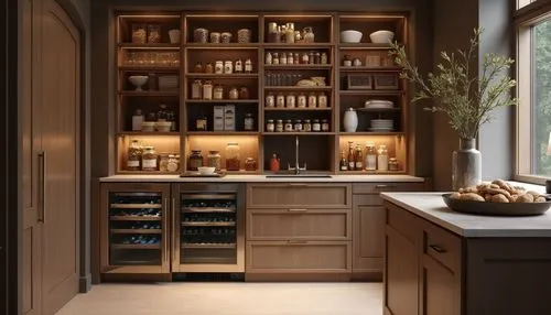 Luxurious modern pantry with integrated storage solutions, featuring sleek wooden cabinetry and a glass-enclosed shelving unit filled with spices, grains, and kitchen essentials. Built-in appliances, 