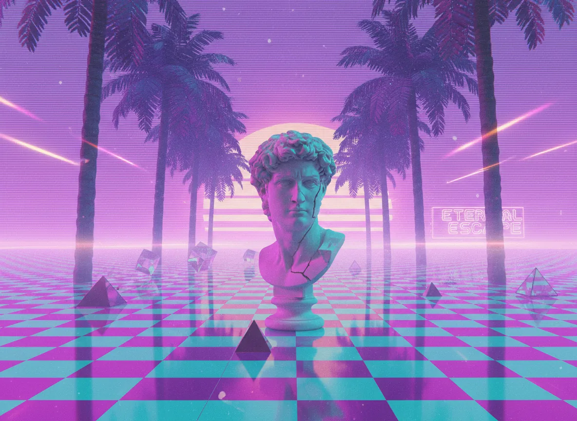 एक अतियथार्थवादी वेपरवेव स्टाइल छवि जिसमें एक क्लासिक रोमन बस्ट, पिक्सेलयुक्त ताड़ के पेड़ और एक गुलाबी और टील चेकर फर्श है।