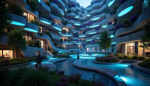 Bioluminescent metabolic fa\u00e7ade, undulating curves, parametric design, futuristic architecture, iridescent colors, glowing accents, organic patterns, dynamic shapes, adaptive systems, responsive 