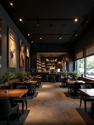 a casual sandwich shop, dark and modern in tone, relatively urban... lots of blacks, golds, brass, etc... to evoke a very modern yet urban vibe. It will be owned by a former NFL football player, as we