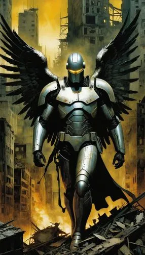 un angel de acero y partes humanas, está en una ciudad destruida ,an artistic painting of a man with huge wings walking through the city,archangel,the archangel,steel man,megaton,guardian angel,valor,