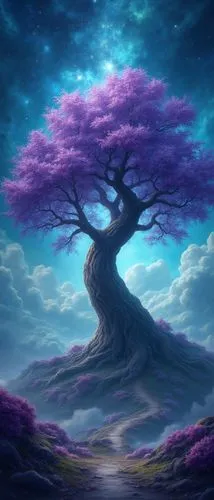 The image depicts a fantastical scene centered around a majestic tree with vibrant purple foliage, set against a cosmic backdrop. The tree's twisted trunk and sprawling roots create a sense of ancient