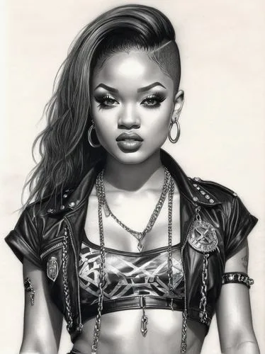 SKIN DIAMOND, in 1990s Heavy Metal clothes, chains, rivets,brandy,nigeria woman,pencil drawings,black woman,pencil drawing,graphite,african woman,african american woman,lotus art drawing,girl drawing,