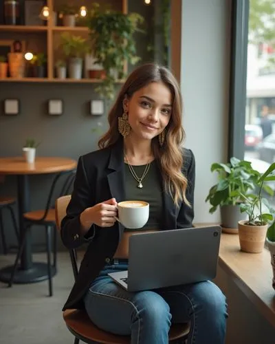 A trendy teenage girl sitting in a minimalist coffee shop, sipping a latte with her laptop open in front of her. She’s wearing a chic blazer over a crop top, statement earrings, and sleek boots. Aroun